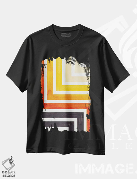 تیشرت مشکی طرح دار طرح آزتک نارنجی، آبستره اثر ان شیپ | immage.ir