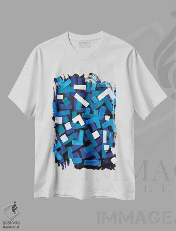 تیشرت سفید طرح دار جاز آبی، آبستره اثر ان شیپ | immage.ir