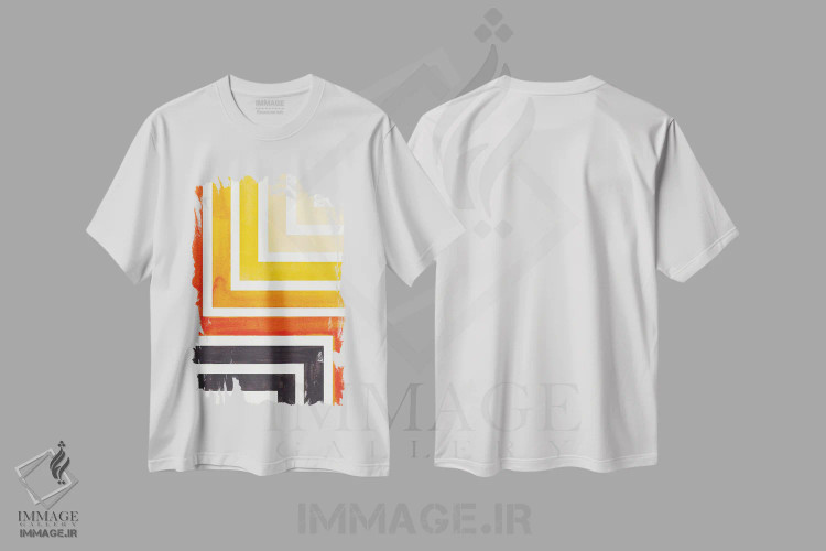 تیشرت سفید طرح دار طرح آزتک نارنجی، آبستره اثر ان شیپ | فروشگاه ایماژ