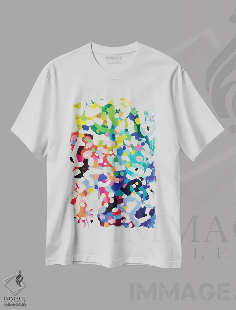 تیشرت سفید طرح دار شکوفه رنگین کمان، آبستره اثر ان شیپ | فروشگاه ایماژ