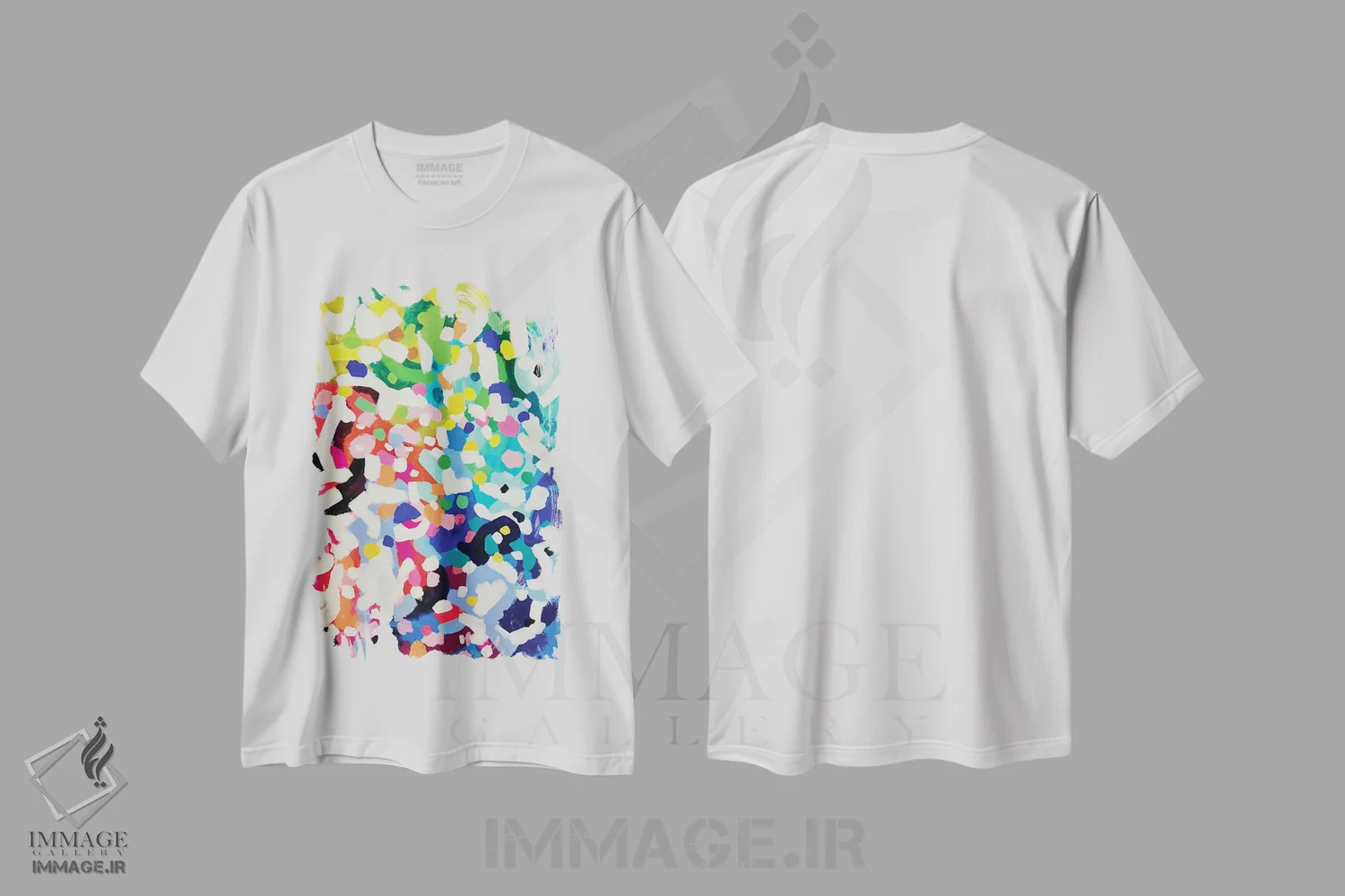 تیشرت سفید طرح دار شکوفه رنگین کمان، آبستره اثر ان شیپ | فروشگاه ایماژ