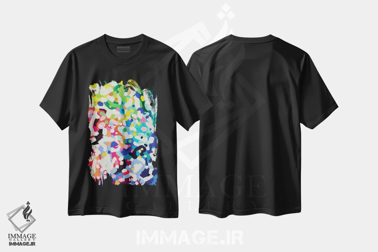 تیشرت مشکی طرح دار شکوفه رنگین کمان، آبستره اثر ان شیپ | immage.ir