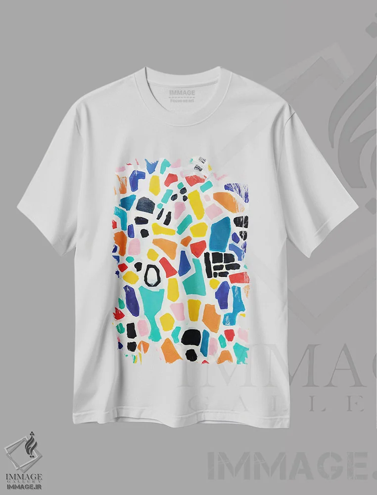 تیشرت سفید طرح دار موزاییک رنگین کمانی، آبستره اثر ان شیپ | فروشگاه ایماژ