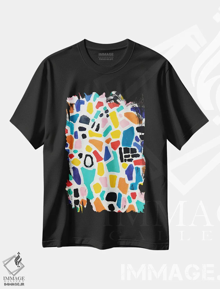 تیشرت مشکی طرح دار موزاییک رنگین کمانی، آبستره اثر ان شیپ | immage.ir