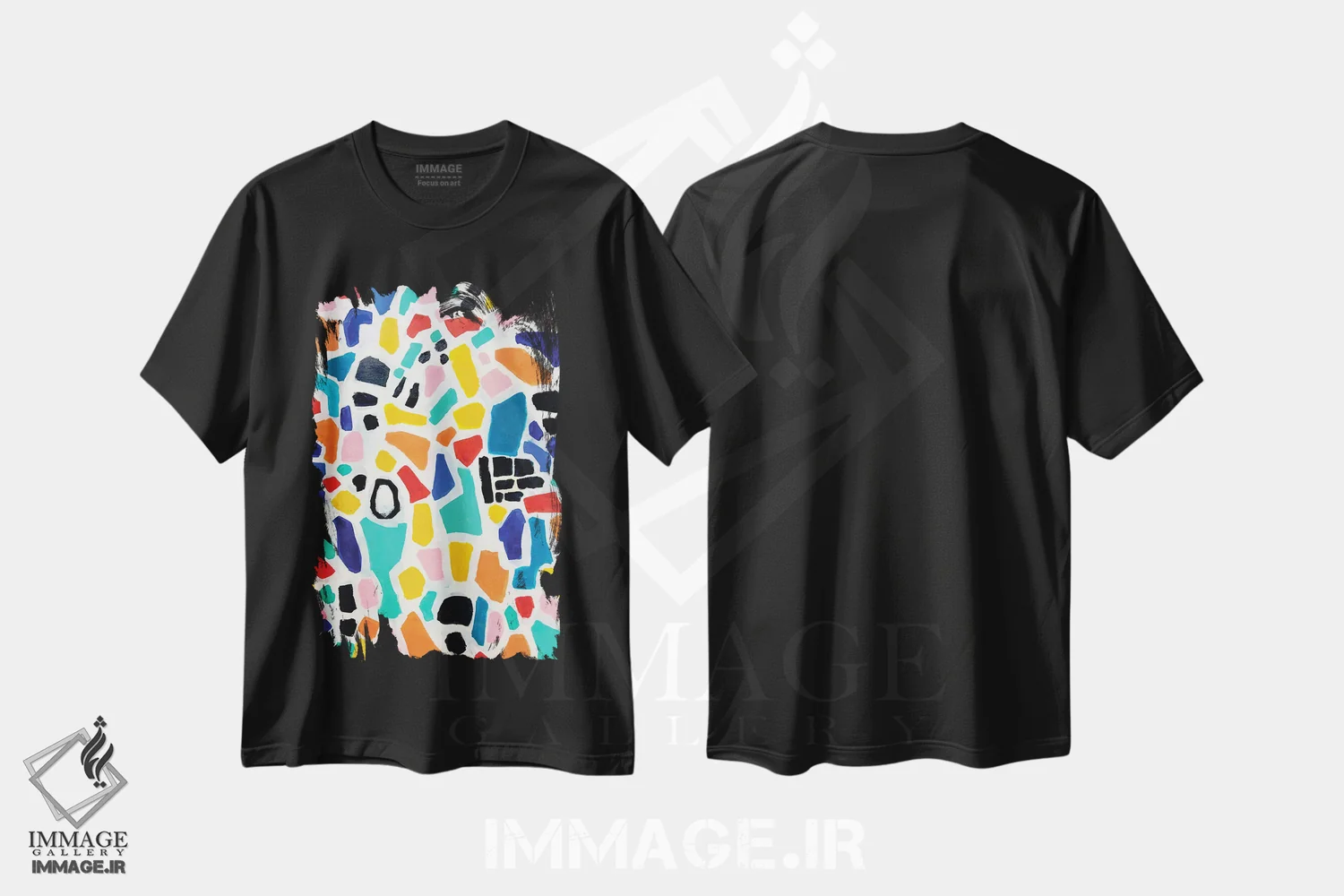 تیشرت مشکی طرح دار موزاییک رنگین کمانی، آبستره اثر ان شیپ | immage.ir