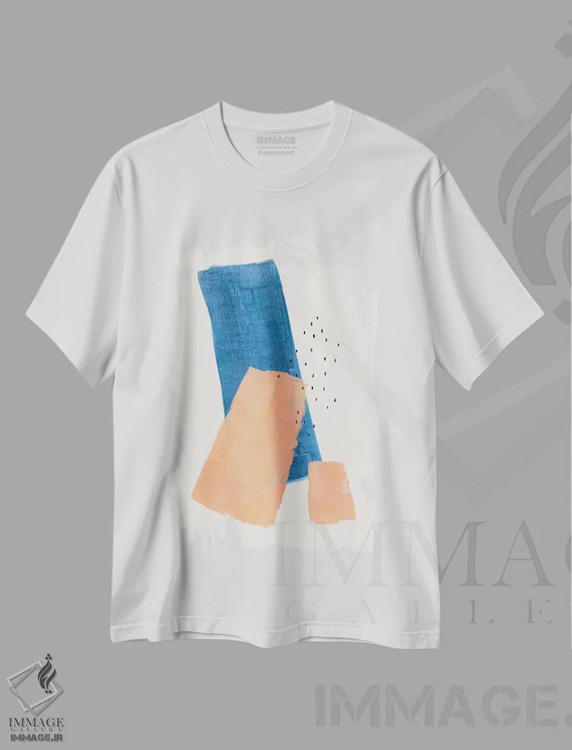 تیشرت سفید طرح دار تکه های هلویی آبی نفتی، آبستره اثر ان شیپ | immage.ir