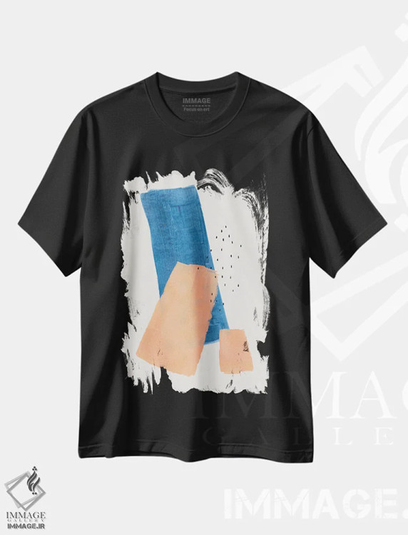 تیشرت مشکی طرح دار تکه های هلویی آبی نفتی، آبستره اثر ان شیپ | فروشگاه ایماژ
