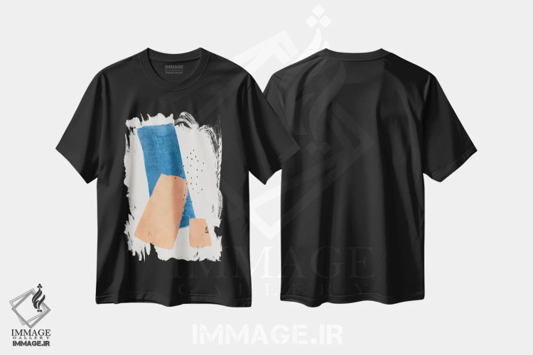 تیشرت مشکی طرح دار تکه های هلویی آبی نفتی، آبستره اثر ان شیپ | فروشگاه ایماژ