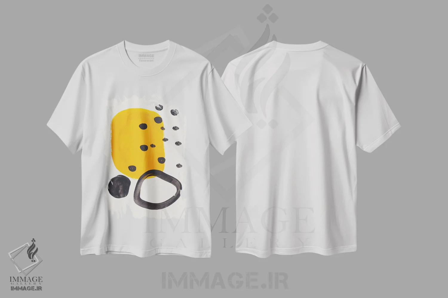 تیشرت سفید طرح دار حلقهٔ خردلی رنگ، آبستره اثر ان شیپ | immage.ir