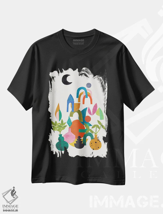 تیشرت مشکی طرح دار باغ ماه، آبستره اثر ان شیپ | فروشگاه ایماژ