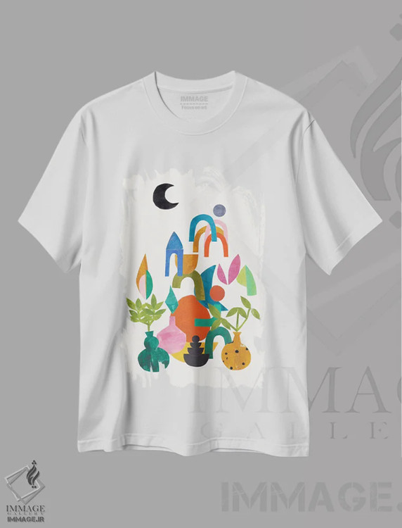 تیشرت سفید طرح دار باغ ماه، آبستره اثر ان شیپ | immage.ir