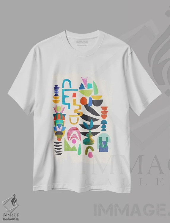 تیشرت سفید طرح دار هرگز متوقف نشو، آبستره اثر ان شیپ | فروشگاه ایماژ