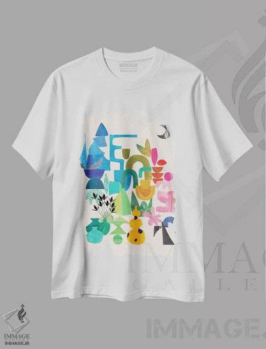 تیشرت سفید طرح دار شهر رنگین کمان، آبستره اثر ان شیپ | فروشگاه ایماژ