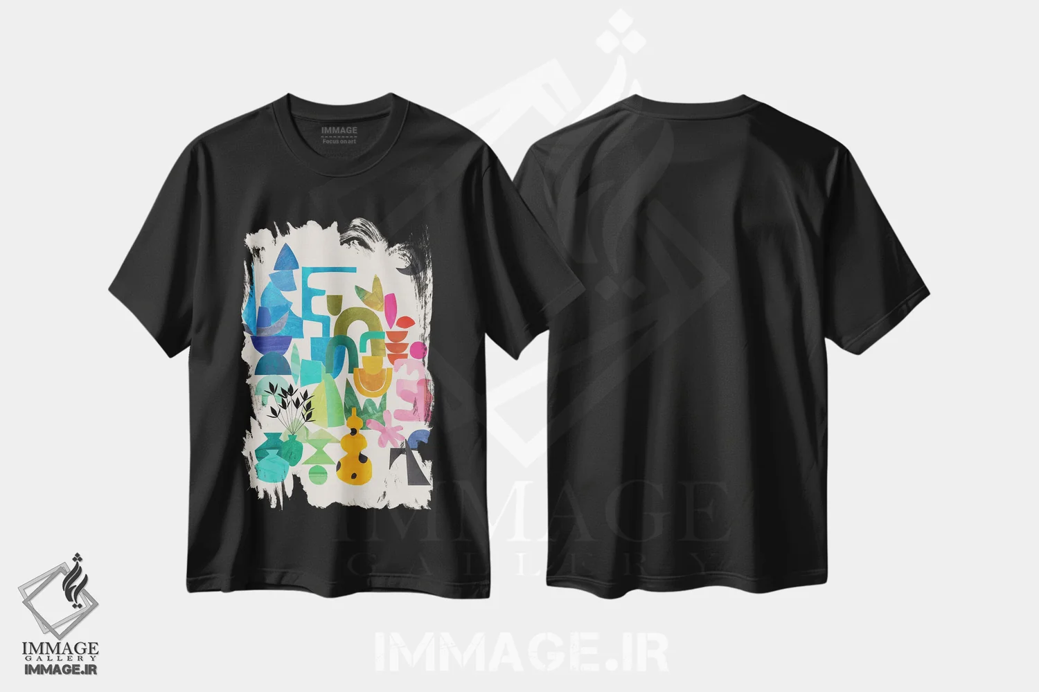 تیشرت مشکی طرح دار شهر رنگین کمان، آبستره اثر ان شیپ | immage.ir