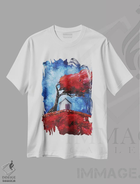 تیشرت سفید طرح دار زیر درخت سرخ، مدیوم اثر اوگنیا اسمیرنوا | immage.ir