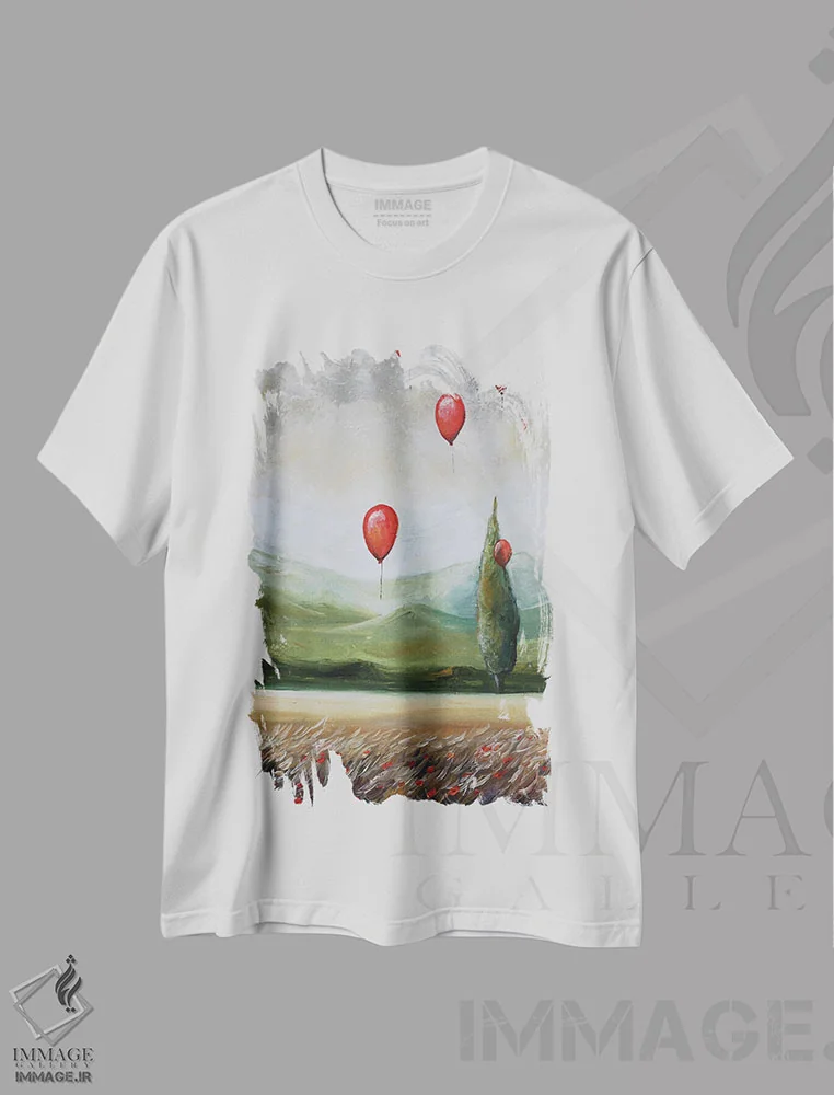 تیشرت سفید طرح دار منظره با بادکنک های قرمز، مدیوم اثر اوگنیا اسمیرنوا | فروشگاه ایماژ
