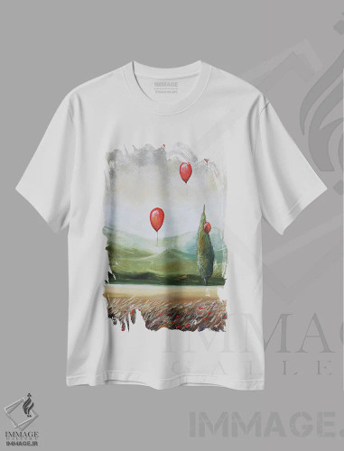 تیشرت سفید طرح دار منظره با بادکنک های قرمز، مدیوم اثر اوگنیا اسمیرنوا | فروشگاه ایماژ
