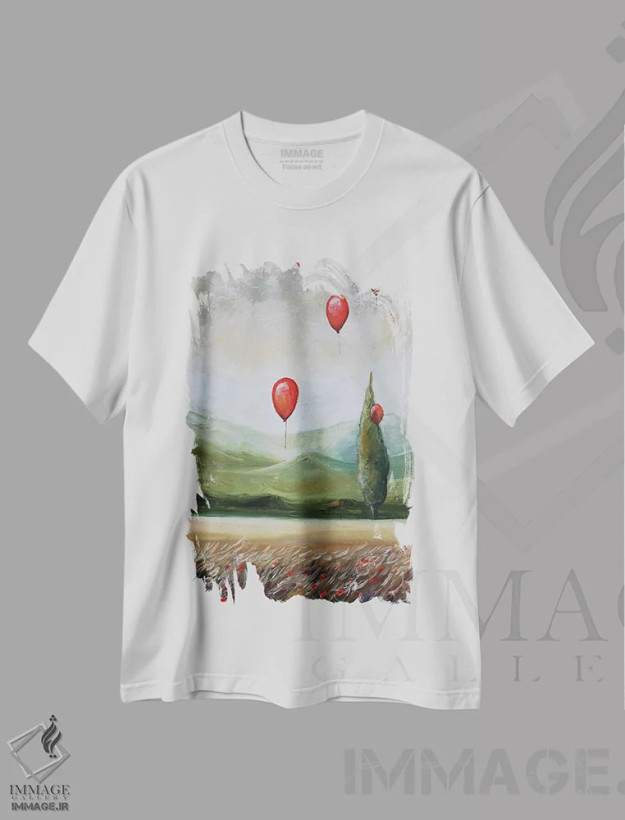 تیشرت سفید طرح دار منظره با بادکنک های قرمز، مدیوم اثر اوگنیا اسمیرنوا | فروشگاه ایماژ