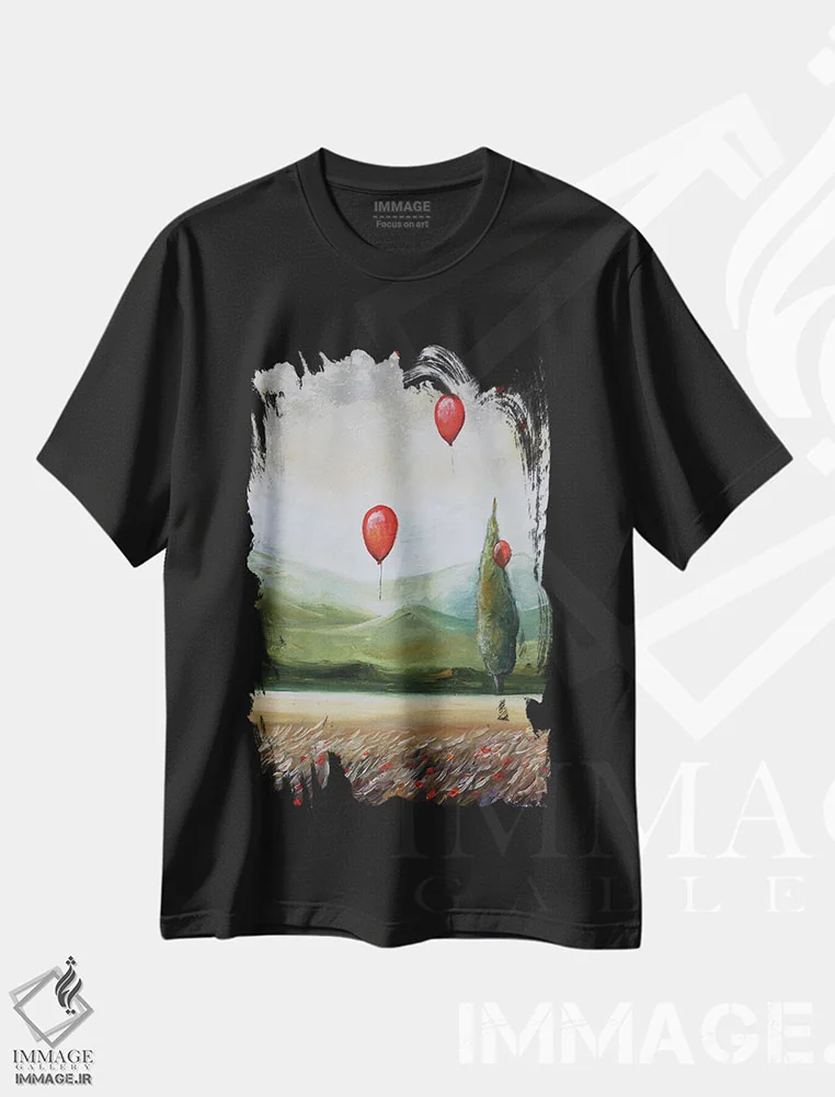 تیشرت مشکی طرح دار منظره با بادکنک های قرمز، مدیوم اثر اوگنیا اسمیرنوا | immage.ir