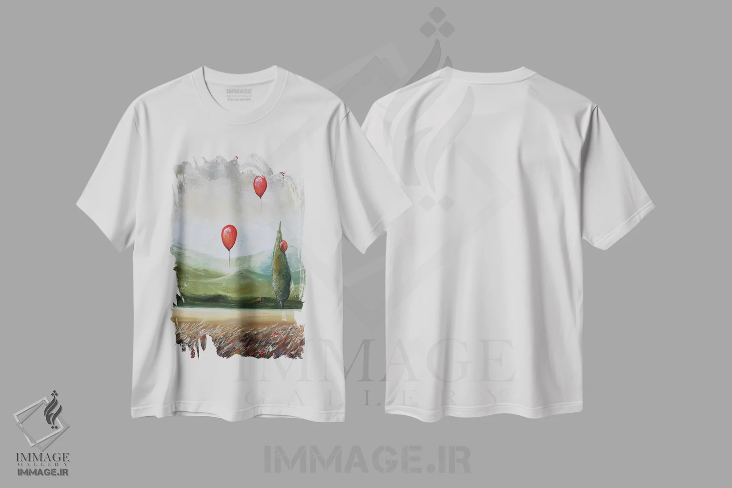 تیشرت سفید طرح دار منظره با بادکنک های قرمز، مدیوم اثر اوگنیا اسمیرنوا | فروشگاه ایماژ
