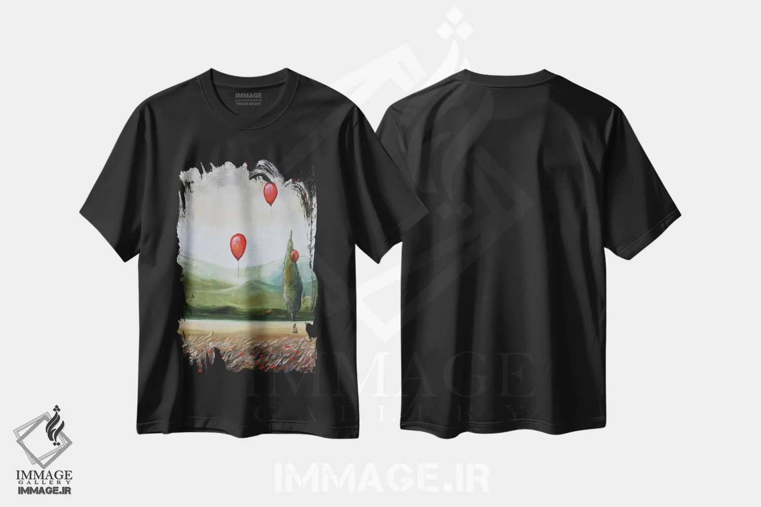 تیشرت مشکی طرح دار منظره با بادکنک های قرمز، مدیوم اثر اوگنیا اسمیرنوا | immage.ir