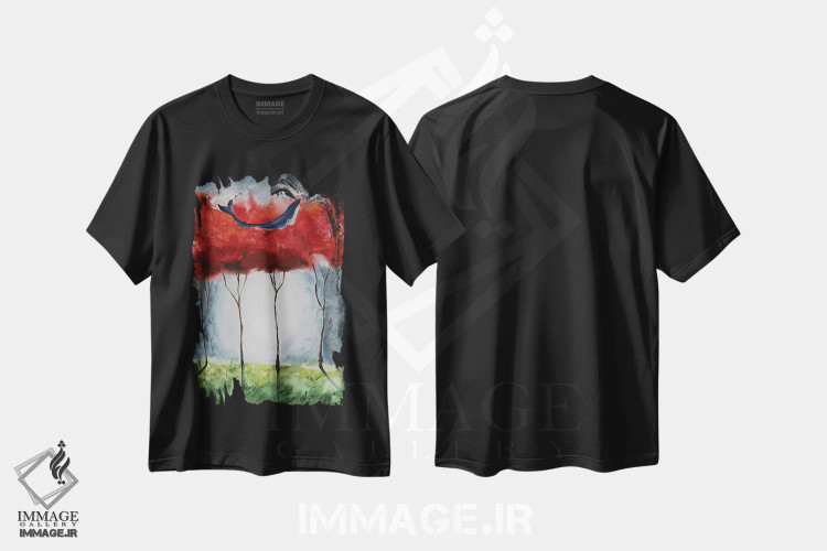 تیشرت مشکی طرح دار درختان قرمز، مدیوم اثر اوگنیا اسمیرنوا | immage.ir