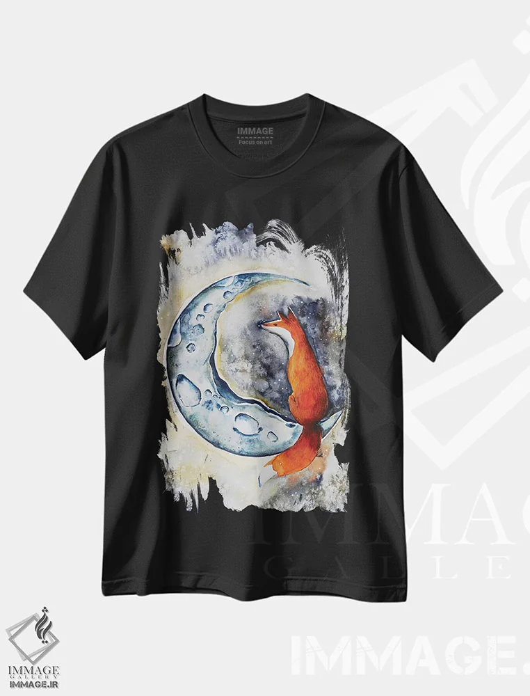 تیشرت مشکی طرح دار روباه و ماه، مدیوم اثر اوگنیا اسمیرنوا | immage.ir