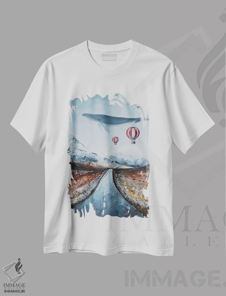 تیشرت سفید طرح دار نهنگ در کوهستان، مدیوم اثر اوگنیا اسمیرنوا | فروشگاه ایماژ