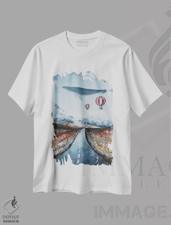 تیشرت سفید طرح دار نهنگ در کوهستان، مدیوم اثر اوگنیا اسمیرنوا | فروشگاه ایماژ