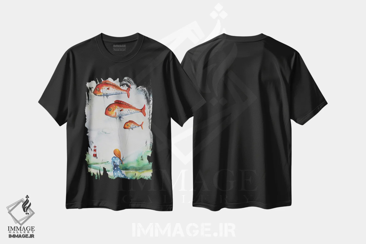 تیشرت مشکی طرح دار دختر با ماهی ها، مدیوم اثر اوگنیا اسمیرنوا | فروشگاه ایماژ