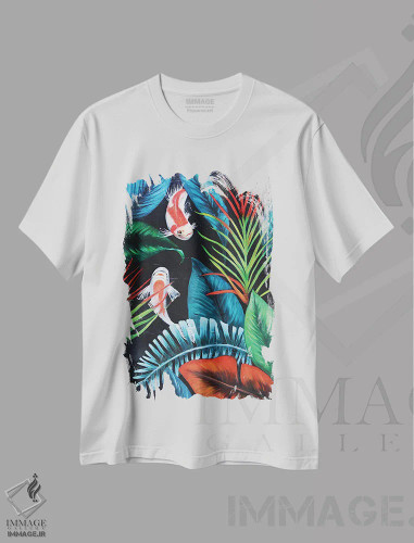 تیشرت سفید طرح دار در میان برگ ها، تزئینی اثر اوگنیا اسمیرنوا | فروشگاه ایماژ