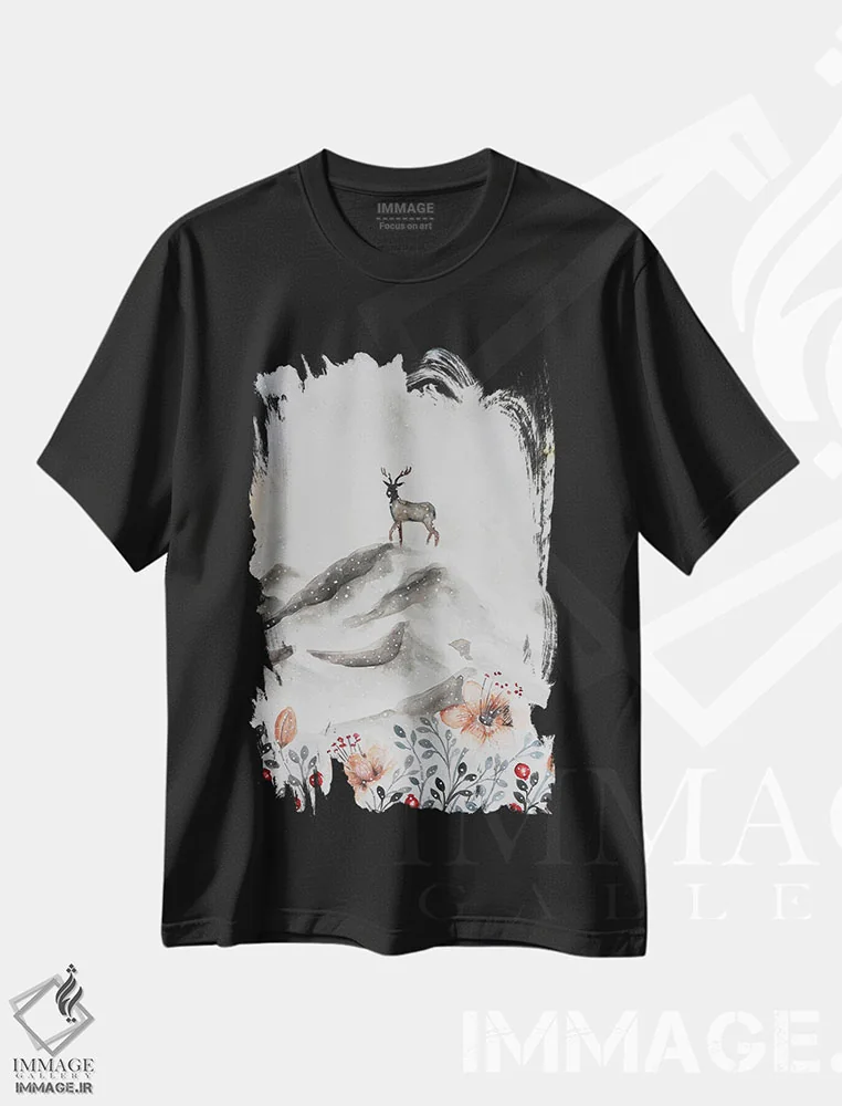 تیشرت مشکی طرح دار گوزن روی کوه، مدیوم اثر اوگنیا اسمیرنوا | فروشگاه ایماژ