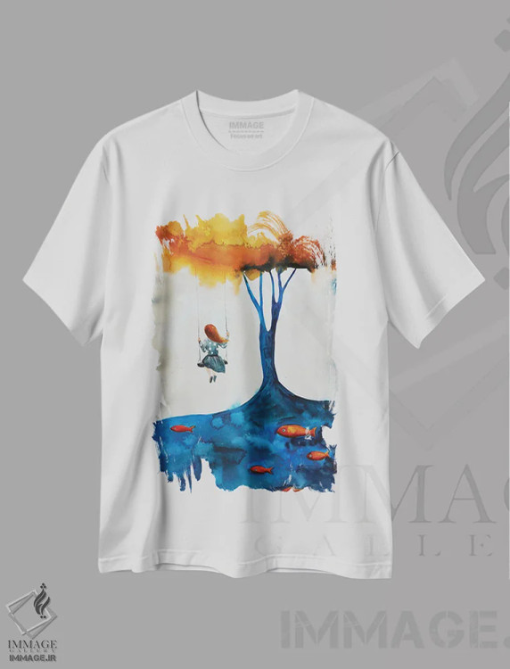 تیشرت سفید طرح دار دختر روی تاب، مدیوم اثر اوگنیا اسمیرنوا | فروشگاه ایماژ
