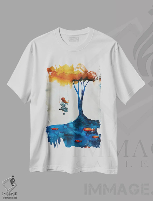 تیشرت سفید طرح دار دختر روی تاب، مدیوم اثر اوگنیا اسمیرنوا | فروشگاه ایماژ