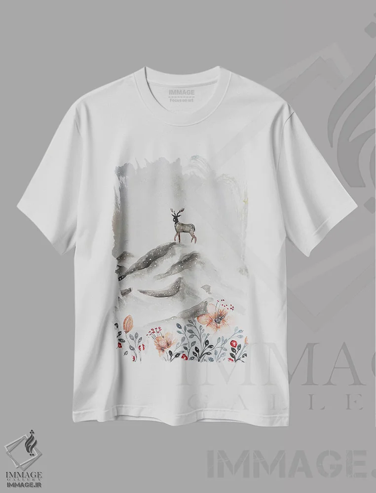 تیشرت سفید طرح دار گوزن روی کوه، مدیوم اثر اوگنیا اسمیرنوا | immage.ir