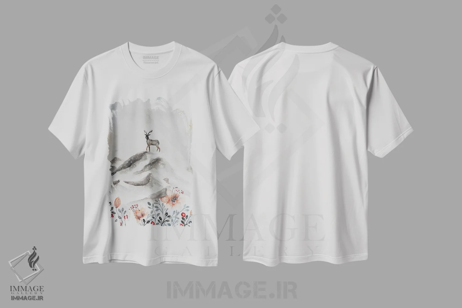 تیشرت سفید طرح دار گوزن روی کوه، مدیوم اثر اوگنیا اسمیرنوا | immage.ir