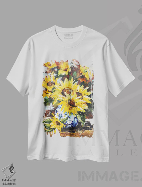 تیشرت سفید طرح دار آفتابگردان ها در گلدان، مدیوم اثر اوگنیا اسمیرنوا | immage.ir