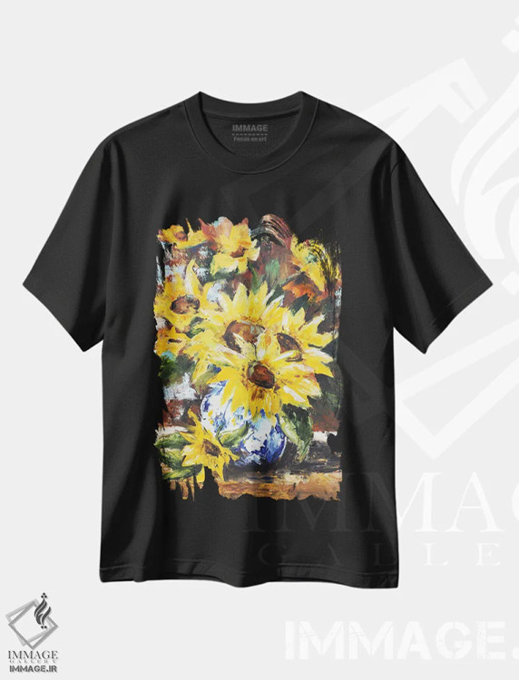 تیشرت مشکی طرح دار آفتابگردان ها در گلدان، مدیوم اثر اوگنیا اسمیرنوا | فروشگاه ایماژ