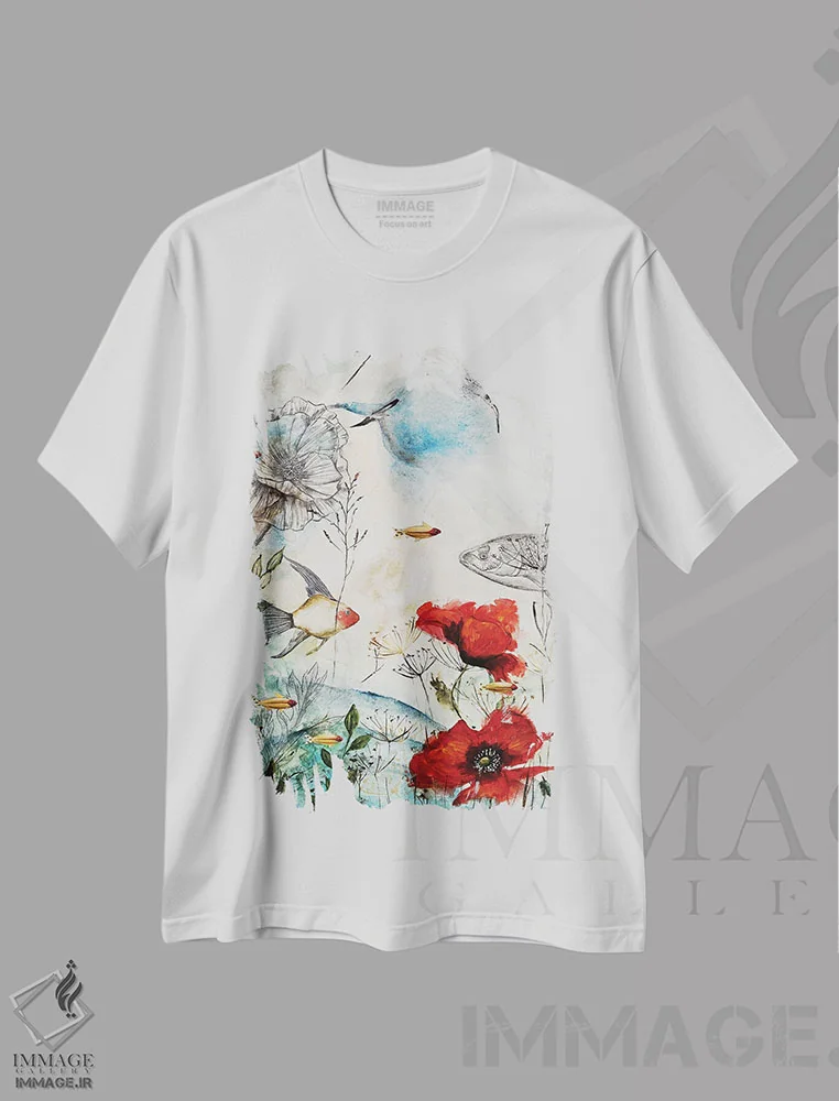 تیشرت سفید طرح دار گوش دادن به آواز باد، هنر فاخر معاصر اثر اوگنیا اسمیرنوا | فروشگاه ایماژ