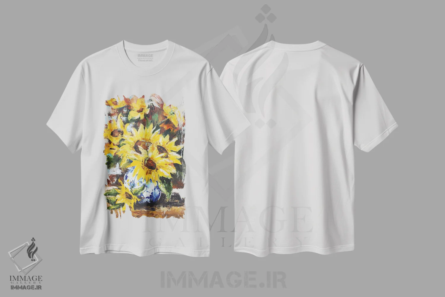 تیشرت سفید طرح دار آفتابگردان ها در گلدان، مدیوم اثر اوگنیا اسمیرنوا | immage.ir