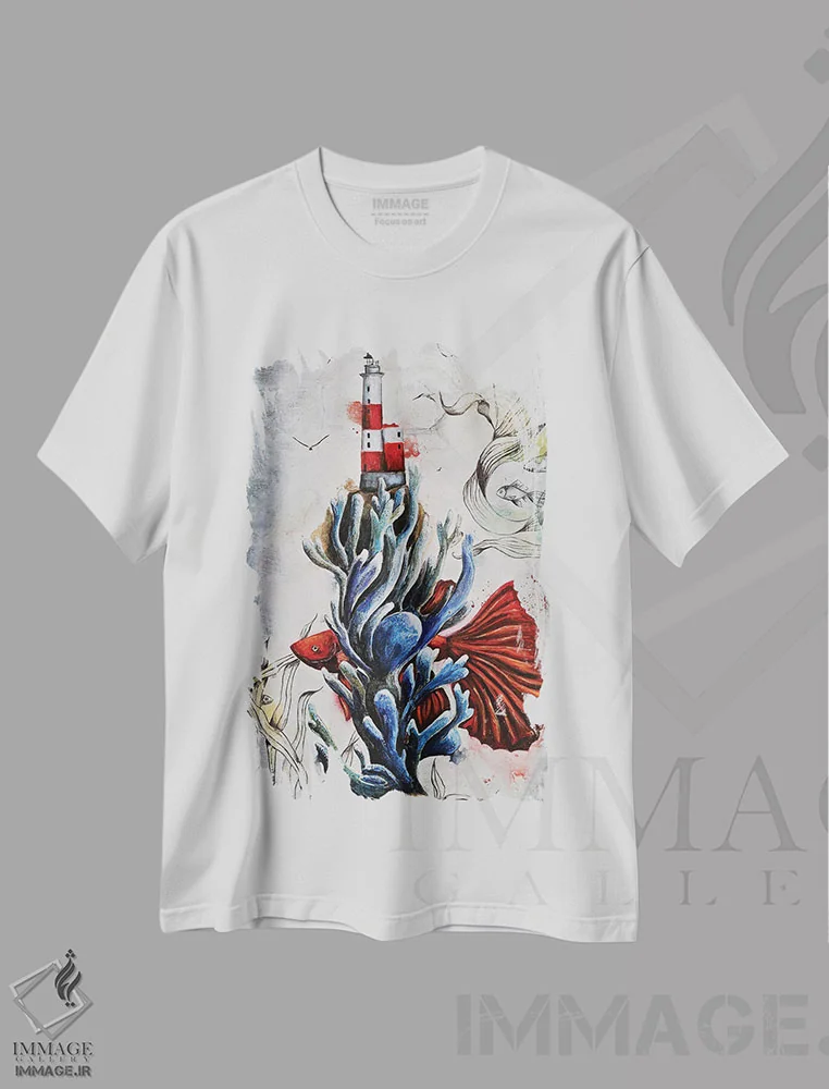 تیشرت سفید طرح دار در میان مرجان ها، هنر فاخر معاصر اثر اوگنیا اسمیرنوا | immage.ir