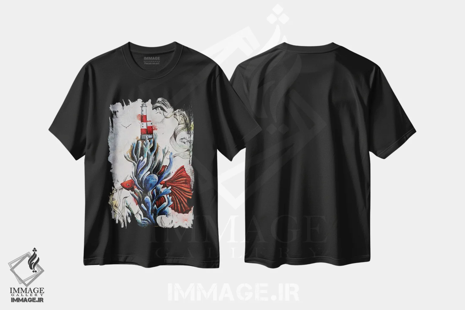تیشرت مشکی طرح دار در میان مرجان ها، هنر فاخر معاصر اثر اوگنیا اسمیرنوا | فروشگاه ایماژ