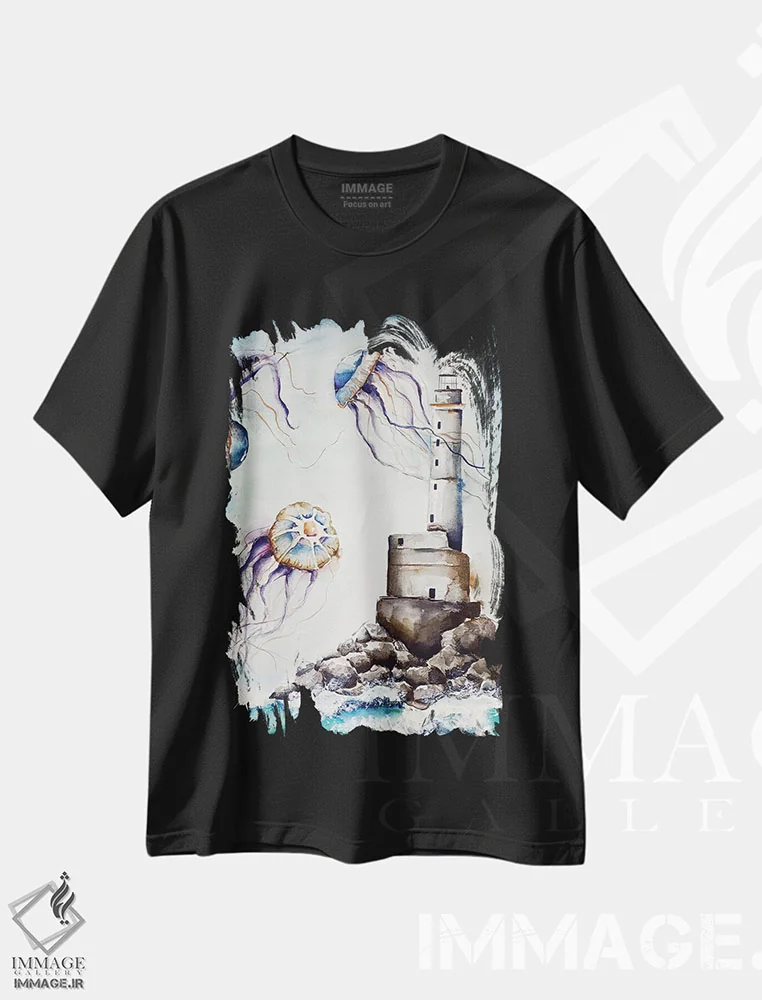 تیشرت مشکی طرح دار در میان عروس های دریایی، تزئینی اثر اوگنیا اسمیرنوا | فروشگاه ایماژ