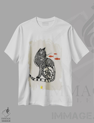 تیشرت سفید طرح دار گربه به سبک لینوکات، دست نقاشی و طراحی دستی اثر اوگنیا اسمیرنوا | فروشگاه ایماژ