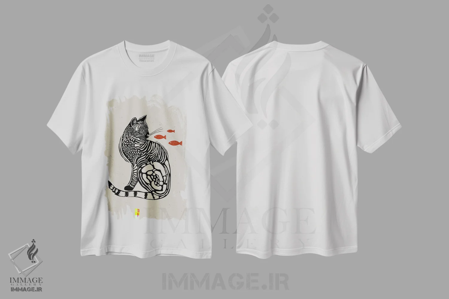 تیشرت سفید طرح دار گربه به سبک لینوکات، دست نقاشی و طراحی دستی اثر اوگنیا اسمیرنوا | فروشگاه ایماژ