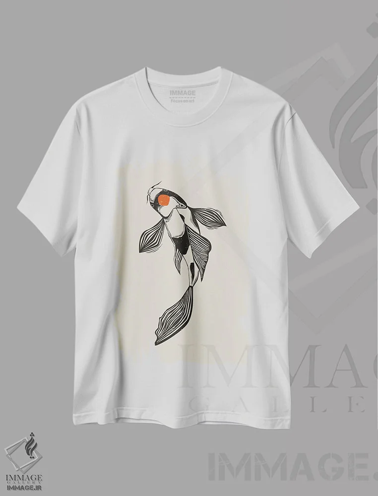 تیشرت سفید طرح دار ماهی کوی به سبک لینوکات ۱، دکور آسیایی اثر اوگنیا اسمیرنوا | immage.ir