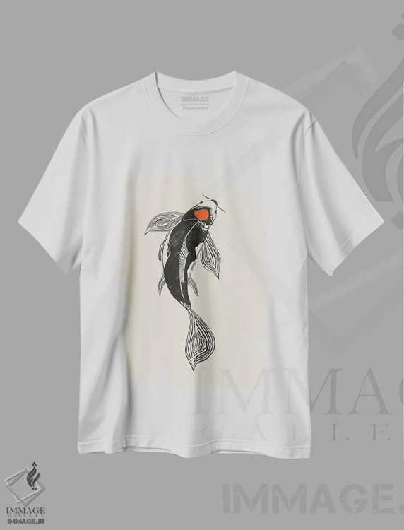 تیشرت سفید طرح دار ماهی کوی به سبک لینوکات ۲، دکور آسیایی اثر اوگنیا اسمیرنوا | فروشگاه ایماژ