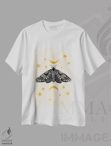 تیشرت سفید طرح دار شب پره به سبک لینوکات، دست نقاشی و طراحی دستی اثر اوگنیا اسمیرنوا | فروشگاه ایماژ