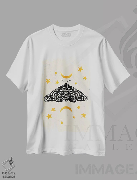 تیشرت سفید طرح دار شب پره به سبک لینوکات، دست نقاشی و طراحی دستی اثر اوگنیا اسمیرنوا | فروشگاه ایماژ