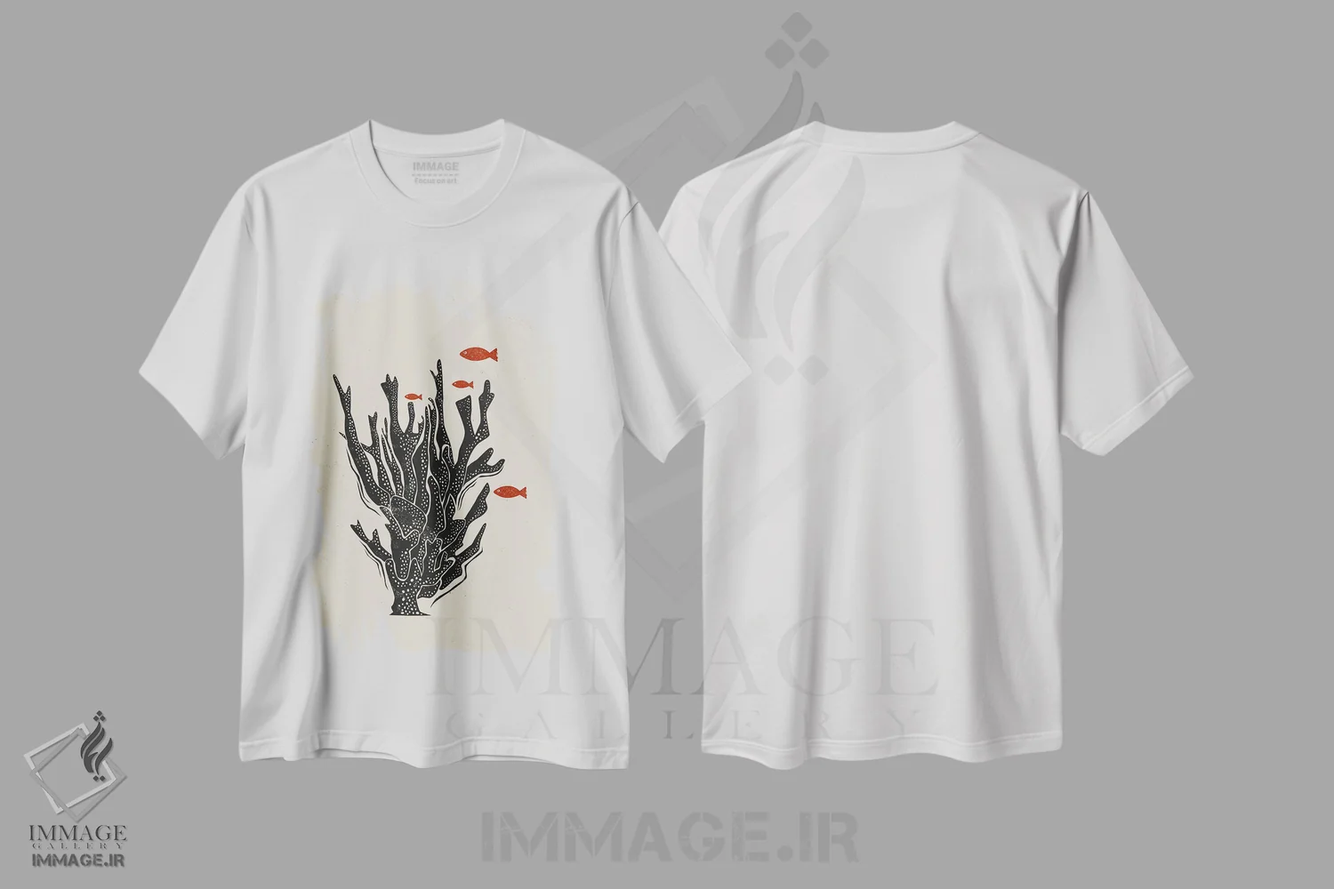 تیشرت سفید طرح دار مرجان، دکور ساحلی اثر اوگنیا اسمیرنوا | فروشگاه ایماژ